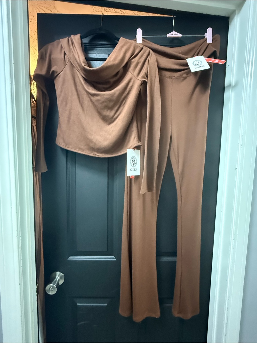 Cider Brown Wide-Leg Knit Pants with Draped Top